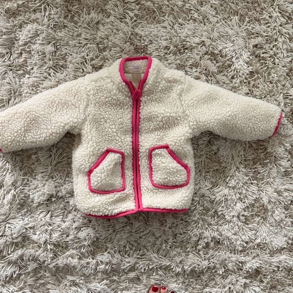 Cream Sherpa Fleece Jacket with Pink Trim size 12m